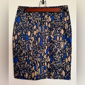 CLEO PETITES Blue, Tan and Black Fully Lined Cotton Blend Pencil Skirt, size 8